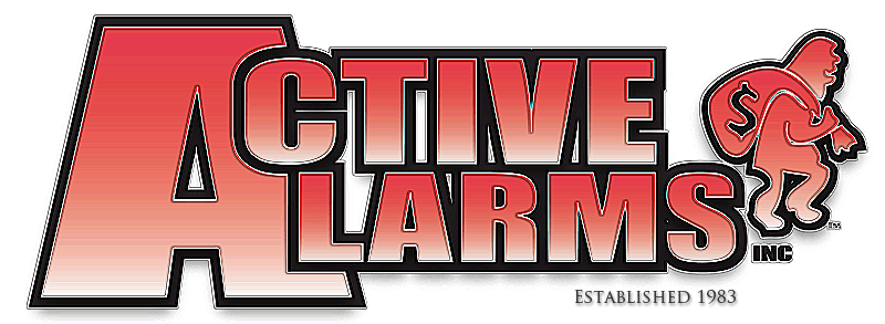 A red and white logo for active alarm