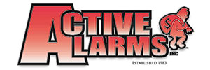 A red and black logo for active alarm