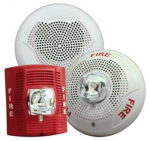 A fire alarm and speakers are shown.