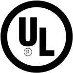A black and white logo of ul
